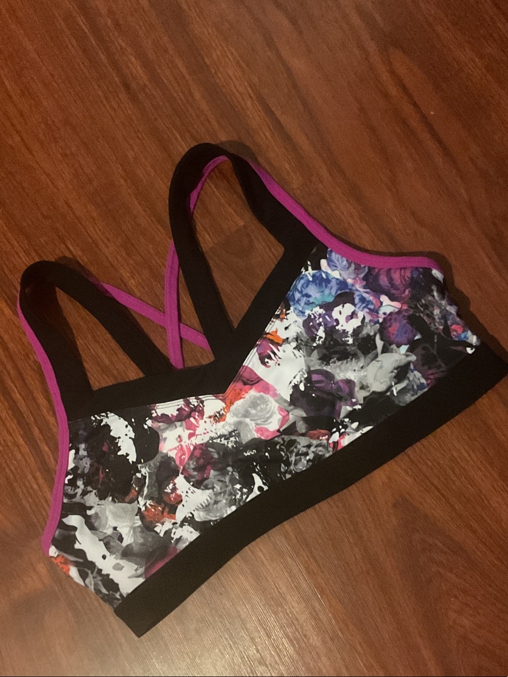 Impact Jillian Michaels Black Floral Sports Bra with Pink Trim